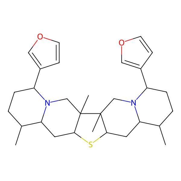 2D Structure of (1S,2S,5S,8R,9S,11S,13R,15R,16S,19S)-5,19-bis(furan-3-yl)-1,2,8,16-tetramethyl-12-thia-4,20-diazapentacyclo[11.8.0.02,11.04,9.015,20]henicosane