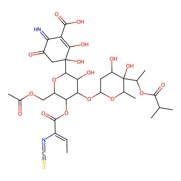 2D Structure of (3R)-3-[(2R,3S,4S,5S,6S)-6-(acetyloxymethyl)-4-[(2S,4R,5S,6S)-4,5-dihydroxy-6-methyl-5-[(1S)-1-(2-methylpropanoyloxy)ethyl]oxan-2-yl]oxy-3-hydroxy-5-[(E)-2-isothiocyanatobut-2-enoyl]oxyoxan-2-yl]-2,3-dihydroxy-6-imino-5-oxocyclohexene-1-carboxylic acid