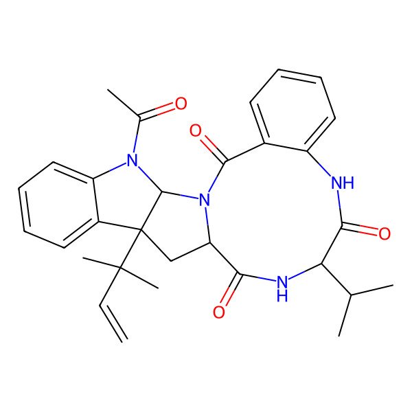 2D Structure of 23-Acetyl-16-(2-methylbut-3-en-2-yl)-11-propan-2-yl-1,9,12,23-tetrazapentacyclo[12.10.0.03,8.016,24.017,22]tetracosa-3,5,7,17,19,21-hexaene-2,10,13-trione