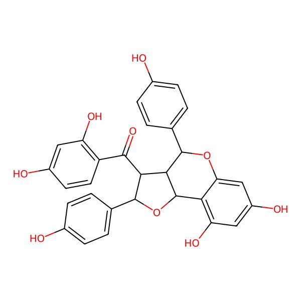 2D Structure of [(2S,3S,3aR,4R,9bS)-7,9-dihydroxy-2,4-bis(4-hydroxyphenyl)-3,3a,4,9b-tetrahydro-2H-furo[3,2-c]chromen-3-yl]-(2,4-dihydroxyphenyl)methanone