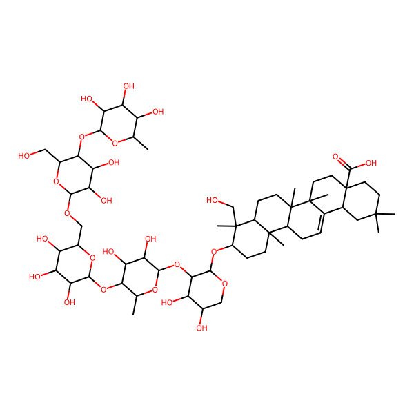 2D Structure of 10-[3-[5-[6-[[3,4-Dihydroxy-6-(hydroxymethyl)-5-(3,4,5-trihydroxy-6-methyloxan-2-yl)oxyoxan-2-yl]oxymethyl]-3,4,5-trihydroxyoxan-2-yl]oxy-3,4-dihydroxy-6-methyloxan-2-yl]oxy-4,5-dihydroxyoxan-2-yl]oxy-9-(hydroxymethyl)-2,2,6a,6b,9,12a-hexamethyl-1,3,4,5,6,6a,7,8,8a,10,11,12,13,14b-tetradecahydropicene-4a-carboxylic acid