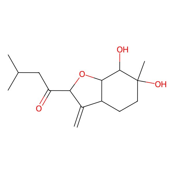 2D Structure of 1-[(2R,3aS,6R,7S,7aR)-6,7-dihydroxy-6-methyl-3-methylidene-4,5,7,7a-tetrahydro-3aH-1-benzofuran-2-yl]-3-methylbutan-1-one
