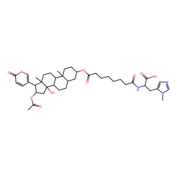 2D Structure of 2-[[8-[[16-Acetyloxy-14-hydroxy-10,13-dimethyl-17-(6-oxopyran-3-yl)-1,2,3,4,5,6,7,8,9,11,12,15,16,17-tetradecahydrocyclopenta[a]phenanthren-3-yl]oxy]-8-oxooctanoyl]amino]-3-(3-methylimidazol-4-yl)propanoic acid
