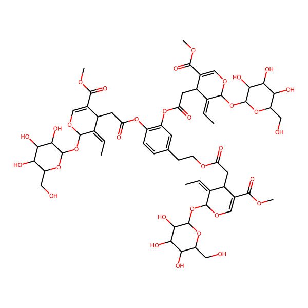 2D Structure of methyl (4S,5Z,6S)-5-ethylidene-4-[2-[2-[4-[2-[(2S,3Z,4S)-3-ethylidene-5-methoxycarbonyl-2-[(2S,3R,4S,5S,6R)-3,4,5-trihydroxy-6-(hydroxymethyl)oxan-2-yl]oxy-4H-pyran-4-yl]acetyl]oxy-3-[2-[(2S,3E,4S)-3-ethylidene-5-methoxycarbonyl-2-[(2S,3R,4S,5S,6R)-3,4,5-trihydroxy-6-(hydroxymethyl)oxan-2-yl]oxy-4H-pyran-4-yl]acetyl]oxyphenyl]ethoxy]-2-oxoethyl]-6-[(2S,3R,4S,5S,6R)-3,4,5-trihydroxy-6-(hydroxymethyl)oxan-2-yl]oxy-4H-pyran-3-carboxylate