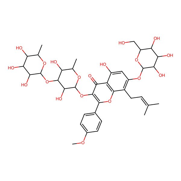 2D Structure of 3-[(2S,3R,4R,5S,6S)-3,5-dihydroxy-6-methyl-4-[(2S,3R,4R,5R,6S)-3,4,5-trihydroxy-6-methyloxan-2-yl]oxyoxan-2-yl]oxy-5-hydroxy-2-(4-methoxyphenyl)-8-(3-methylbut-2-enyl)-7-[(2S,3R,4S,5S,6R)-3,4,5-trihydroxy-6-(hydroxymethyl)oxan-2-yl]oxychromen-4-one