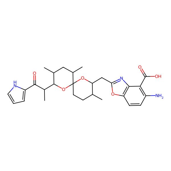 2D Structure of 5-amino-2-[[(2S,3R,5S,6R,8S,9S)-3,5,9-trimethyl-2-[(2S)-1-oxo-1-(1H-pyrrol-2-yl)propan-2-yl]-1,7-dioxaspiro[5.5]undecan-8-yl]methyl]-1,3-benzoxazole-4-carboxylic acid