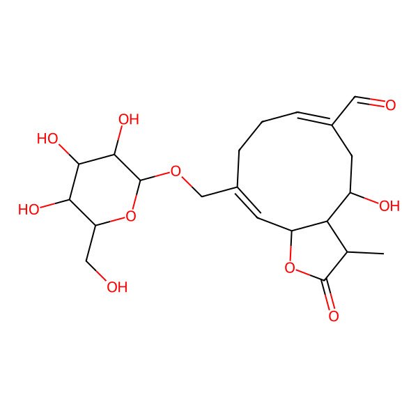 2D Structure of 4-hydroxy-3-methyl-2-oxo-10-[[3,4,5-trihydroxy-6-(hydroxymethyl)oxan-2-yl]oxymethyl]-3a,4,5,8,9,11a-hexahydro-3H-cyclodeca[b]furan-6-carbaldehyde