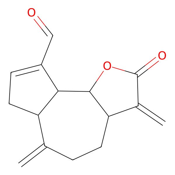 2D Structure of (3aS,6aR,9aR,9bS)-3,6-dimethylidene-2-oxo-4,5,6a,7,9a,9b-hexahydro-3aH-azuleno[8,7-b]furan-9-carbaldehyde