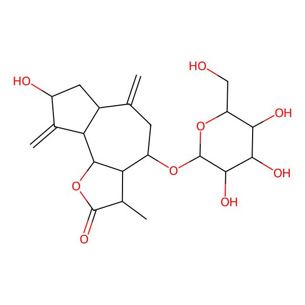 2D Structure of 8-hydroxy-3-methyl-6,9-dimethylidene-4-[3,4,5-trihydroxy-6-(hydroxymethyl)oxan-2-yl]oxy-3a,4,5,6a,7,8,9a,9b-octahydro-3H-azuleno[4,5-b]furan-2-one
