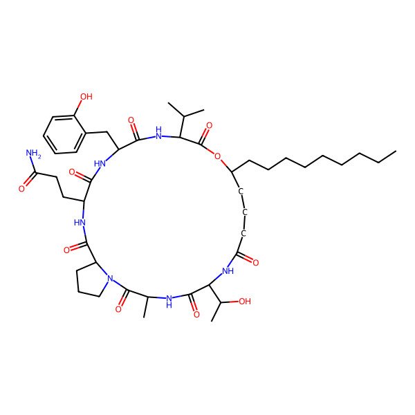 2D Structure of 3-[6-(1-Hydroxyethyl)-18-[(2-hydroxyphenyl)methyl]-3-methyl-12-nonyl-2,5,8,14,17,20,23-heptaoxo-15-propan-2-yl-13-oxa-1,4,7,16,19,22-hexazabicyclo[22.3.0]heptacosan-21-yl]propanamide