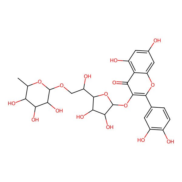 2D Structure of 3-[(2S,3R,4R,5S)-3,4-dihydroxy-5-[(1S)-1-hydroxy-2-[(2R,3R,4R,5R,6S)-3,4,5-trihydroxy-6-methyloxan-2-yl]oxyethyl]oxolan-2-yl]oxy-2-(3,4-dihydroxyphenyl)-5,7-dihydroxychromen-4-one