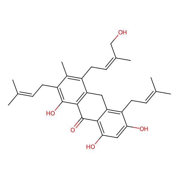 2D Structure of 1,6,8-trihydroxy-4-(4-hydroxy-3-methylbut-2-enyl)-3-methyl-2,5-bis(3-methylbut-2-enyl)-10H-anthracen-9-one