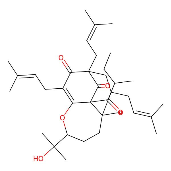 2D Structure of (1R,6S,9R,10S,13S)-6-(2-hydroxypropan-2-yl)-9-methyl-10-(2-methylbutanoyl)-1,3,13-tris(3-methylbut-2-enyl)-5-oxatricyclo[7.2.2.04,10]tridec-3-ene-2,11-dione