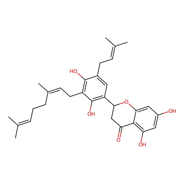 2D Structure of (2R)-2-[3-(3,7-dimethylocta-2,6-dienyl)-2,4-dihydroxy-5-(3-methylbut-2-enyl)phenyl]-5,7-dihydroxy-2,3-dihydrochromen-4-one