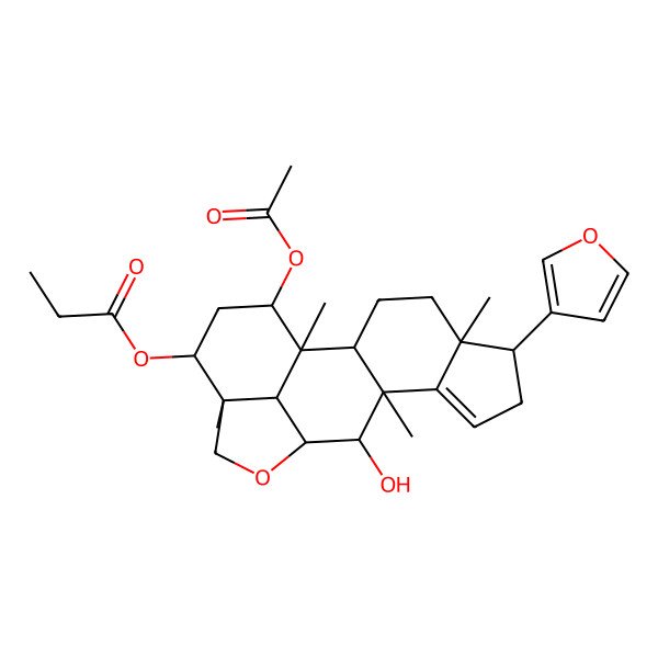 2D Structure of [18-Acetyloxy-6-(furan-3-yl)-11-hydroxy-1,5,10,15-tetramethyl-13-oxapentacyclo[10.6.1.02,10.05,9.015,19]nonadec-8-en-16-yl] propanoate