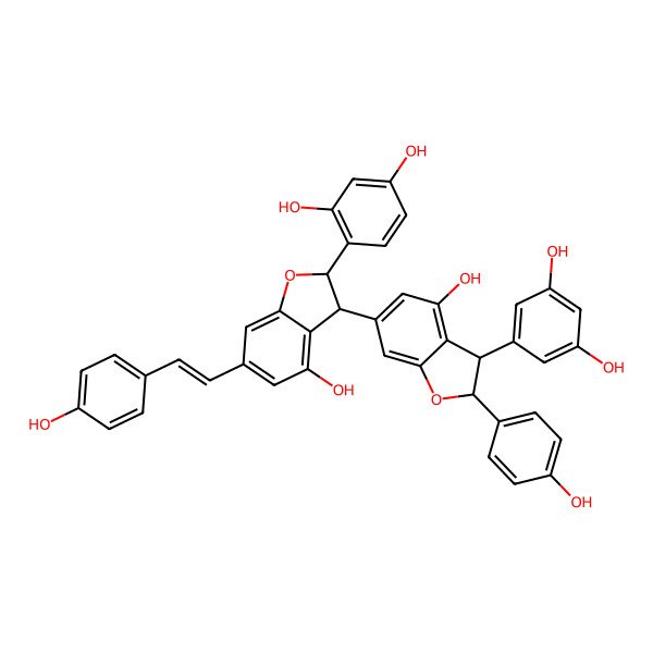2D Structure of 4-[3-[3-(3,5-Dihydroxyphenyl)-4-hydroxy-2-(4-hydroxyphenyl)-2,3-dihydro-1-benzofuran-6-yl]-4-hydroxy-6-[2-(4-hydroxyphenyl)ethenyl]-2,3-dihydro-1-benzofuran-2-yl]benzene-1,3-diol
