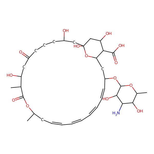 2D Structure of (1R,3S,9R,10S,13R,15E,17E,19E,21E,23R,26R,27S)-23-[(2R,3S,4S,5S,6R)-4-amino-3,5-dihydroxy-6-methyloxan-2-yl]oxy-1,3,9,27-tetrahydroxy-10,13-dimethyl-7,11-dioxo-12,29-dioxabicyclo[23.3.1]nonacosa-15,17,19,21-tetraene-26-carboxylic acid
