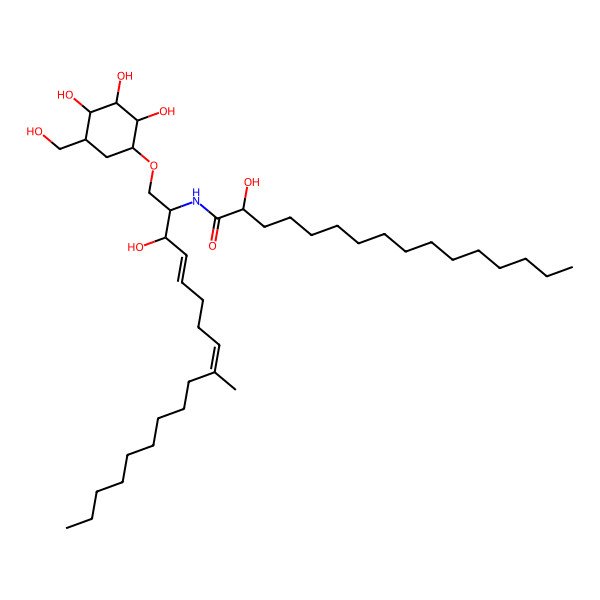 2D Structure of (4E, 8E)-N-2-hydroxyhexadecanoyl-1-O-beta-glucopyranosyl-9-methyl-C18-sphinga-4,8-dienine