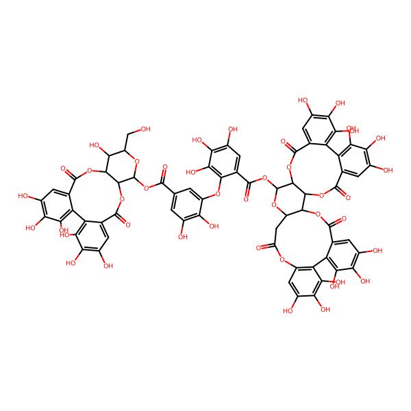 2D Structure of (7,8,9,12,13,14,28,29,30,33,34,35-Dodecahydroxy-4,17,24,38-tetraoxo-3,18,21,25,39-pentaoxaheptacyclo[20.17.0.02,19.05,10.011,16.026,31.032,37]nonatriaconta-5,7,9,11,13,15,26(31),27,29,32,34,36-dodecaen-20-yl) 2-[5-[[3,4,5,14,20,21,22-heptahydroxy-13-(hydroxymethyl)-8,17-dioxo-9,12,16-trioxatetracyclo[16.4.0.02,7.010,15]docosa-1(22),2,4,6,18,20-hexaen-11-yl]oxycarbonyl]-2,3-dihydroxyphenoxy]-3,4,5-trihydroxybenzoate
