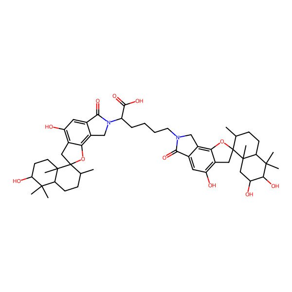 2D Structure of 2-(3,4'-dihydroxy-4,4,7,8a-tetramethyl-6'-oxospiro[2,3,4a,5,6,7-hexahydro-1H-naphthalene-8,2'-3,8-dihydrofuro[2,3-e]isoindole]-7'-yl)-6-(2,3,4'-trihydroxy-4,4,7,8a-tetramethyl-6'-oxospiro[2,3,4a,5,6,7-hexahydro-1H-naphthalene-8,2'-3,8-dihydrofuro[2,3-e]isoindole]-7'-yl)hexanoic acid