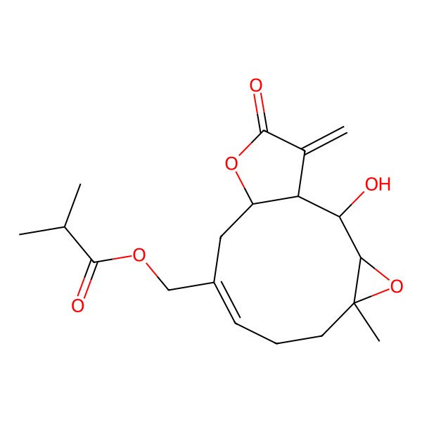 2D Structure of [(1S,2S,3R,5S,8Z,11S)-2-hydroxy-5-methyl-14-methylidene-13-oxo-4,12-dioxatricyclo[9.3.0.03,5]tetradec-8-en-9-yl]methyl 2-methylpropanoate