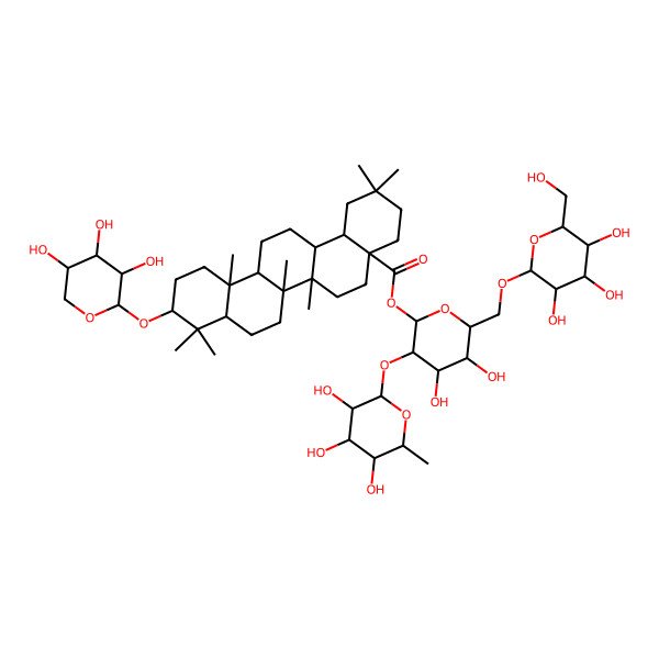 2D Structure of [4,5-Dihydroxy-6-[[3,4,5-trihydroxy-6-(hydroxymethyl)oxan-2-yl]oxymethyl]-3-(3,4,5-trihydroxy-6-methyloxan-2-yl)oxyoxan-2-yl] 2,2,6a,6b,9,9,12a-heptamethyl-10-(3,4,5-trihydroxyoxan-2-yl)oxy-1,3,4,5,6,6a,7,8,8a,10,11,12,13,14,14a,14b-hexadecahydropicene-4a-carboxylate