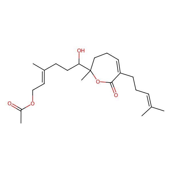 2D Structure of [6-Hydroxy-3-methyl-6-[2-methyl-6-(4-methylpent-3-enyl)-7-oxo-3,4-dihydrooxepin-2-yl]hex-2-enyl] acetate