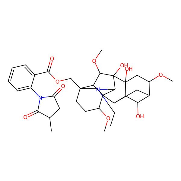 2D Structure of [(1S,2R,3R,4S,5S,6S,8R,9S,10S,13S,16S,17R,18S)-11-ethyl-4,8,9-trihydroxy-6,16,18-trimethoxy-11-azahexacyclo[7.7.2.12,5.01,10.03,8.013,17]nonadecan-13-yl]methyl 2-[(3S)-3-methyl-2,5-dioxopyrrolidin-1-yl]benzoate