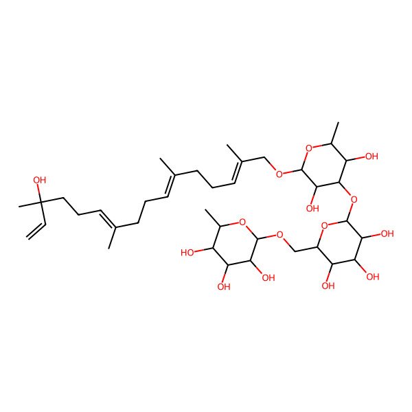 2D Structure of (2R,3R,4R,5R,6S)-2-[[(2R,3S,4S,5R,6S)-6-[(2R,3R,4R,5S,6S)-3,5-dihydroxy-2-[(2Z,6E,10E,14S)-14-hydroxy-2,6,10,14-tetramethylhexadeca-2,6,10,15-tetraenoxy]-6-methyloxan-4-yl]oxy-3,4,5-trihydroxyoxan-2-yl]methoxy]-6-methyloxane-3,4,5-triol