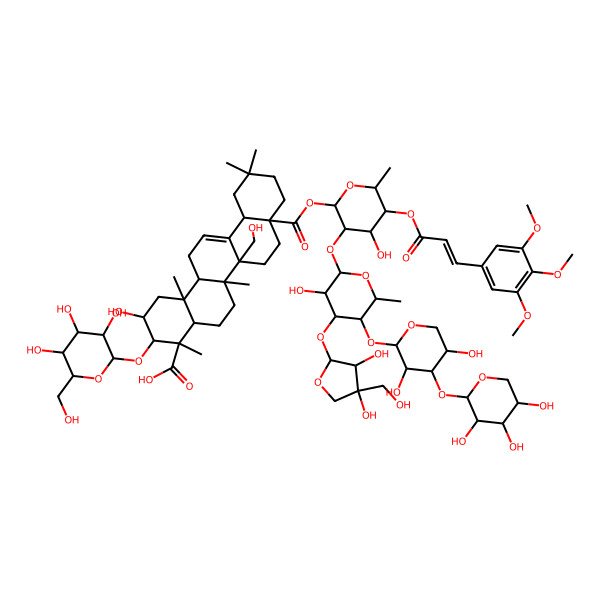 2D Structure of (2S,3R,4S,4aR,6aR,6bR,8aS,12aS,14aR,14bR)-8a-[(2S,3R,4S,5R,6R)-3-[(2S,3R,4S,5S,6S)-4-[(2S,3R,4R)-3,4-dihydroxy-4-(hydroxymethyl)oxolan-2-yl]oxy-5-[(2R,3R,4S,5R)-3,5-dihydroxy-4-[(2S,3R,4S,5S)-3,4,5-trihydroxyoxan-2-yl]oxyoxan-2-yl]oxy-3-hydroxy-6-methyloxan-2-yl]oxy-4-hydroxy-6-methyl-5-[(E)-3-(3,4,5-trimethoxyphenyl)prop-2-enoyl]oxyoxan-2-yl]oxycarbonyl-2-hydroxy-6b-(hydroxymethyl)-4,6a,11,11,14b-pentamethyl-3-[(2R,3R,4S,5S,6R)-3,4,5-trihydroxy-6-(hydroxymethyl)oxan-2-yl]oxy-1,2,3,4a,5,6,7,8,9,10,12,12a,14,14a-tetradecahydropicene-4-carboxylic acid