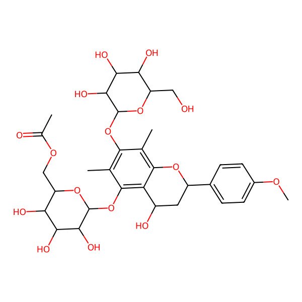 2D Structure of [(2R,3S,4S,5R,6S)-3,4,5-trihydroxy-6-[[(2S,4R)-4-hydroxy-2-(4-methoxyphenyl)-6,8-dimethyl-7-[(2S,3R,4S,5S,6R)-3,4,5-trihydroxy-6-(hydroxymethyl)oxan-2-yl]oxy-3,4-dihydro-2H-chromen-5-yl]oxy]oxan-2-yl]methyl acetate