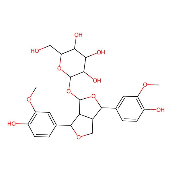 2D Structure of (2S,3R,4S,5S,6R)-2-[[(3R,3aS,4R,6S,6aS)-3,6-bis(4-hydroxy-3-methoxyphenyl)-1,3,3a,4,6,6a-hexahydrofuro[3,4-c]furan-4-yl]oxy]-6-(hydroxymethyl)oxane-3,4,5-triol