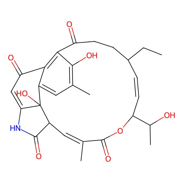 2D Structure of (9S,10E,12R,17R,24R)-9-ethyl-4,24-dihydroxy-12-(1-hydroxyethyl)-3,15-dimethyl-13-oxa-19-azatetracyclo[15.6.1.05,23.020,24]tetracosa-1(23),2,4,10,15,20-hexaene-6,14,18,22-tetrone