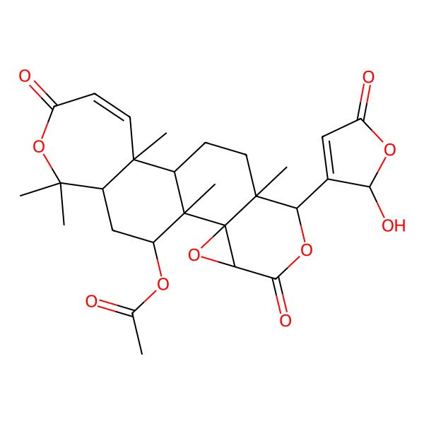 2D Structure of [7-(2-hydroxy-5-oxo-2H-furan-3-yl)-1,8,12,17,17-pentamethyl-5,15-dioxo-3,6,16-trioxapentacyclo[9.9.0.02,4.02,8.012,18]icos-13-en-20-yl] acetate