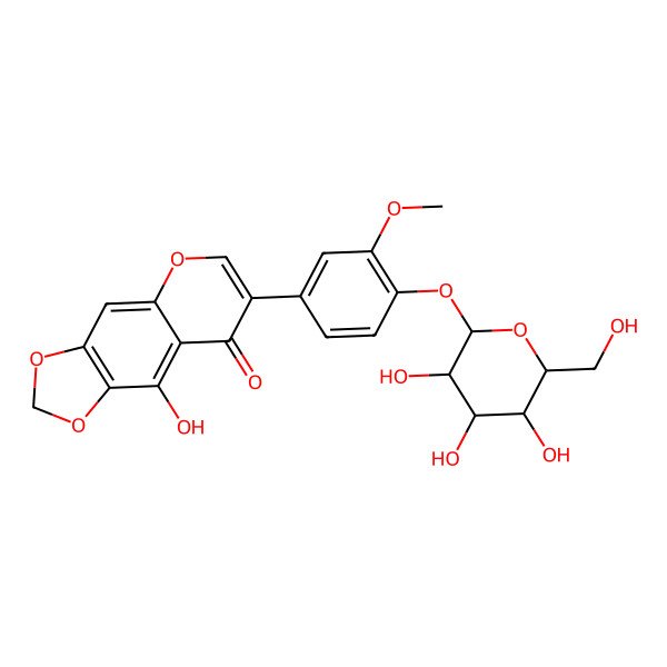 2D Structure of 9-hydroxy-7-[3-methoxy-4-[(2R,3S,4R,5R,6S)-3,4,5-trihydroxy-6-(hydroxymethyl)oxan-2-yl]oxyphenyl]-[1,3]dioxolo[4,5-g]chromen-8-one