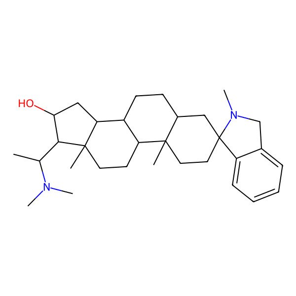 2D Structure of (3R,5S,8R,9S,10S,13S,14S,16S,17S)-17-[(1S)-1-(dimethylamino)ethyl]-2',10,13-trimethylspiro[1,2,4,5,6,7,8,9,11,12,14,15,16,17-tetradecahydrocyclopenta[a]phenanthrene-3,3'-1H-isoindole]-16-ol