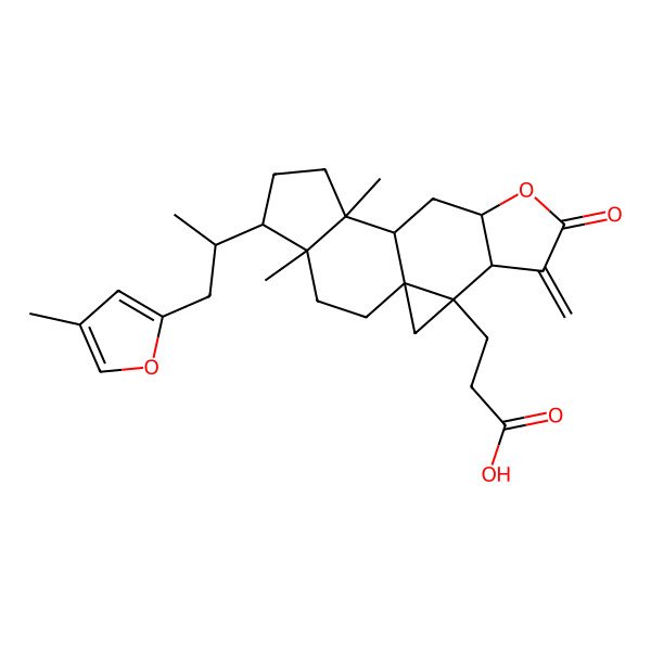 2D Structure of 3-[11,15-Dimethyl-14-[1-(4-methylfuran-2-yl)propan-2-yl]-5-methylidene-6-oxo-7-oxapentacyclo[8.7.0.01,3.04,8.011,15]heptadecan-3-yl]propanoic acid