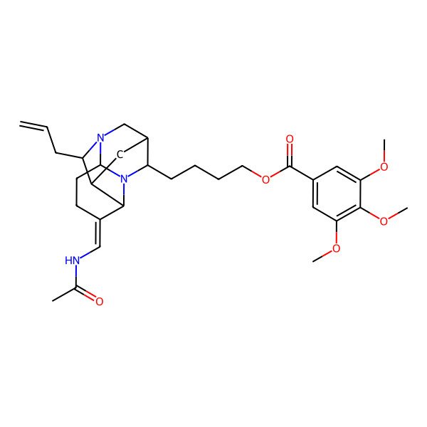 2D Structure of 4-[5-(Acetamidomethylidene)-12-prop-2-enyl-1,7-diazatetracyclo[7.3.1.02,7.06,11]tridecan-8-yl]butyl 3,4,5-trimethoxybenzoate