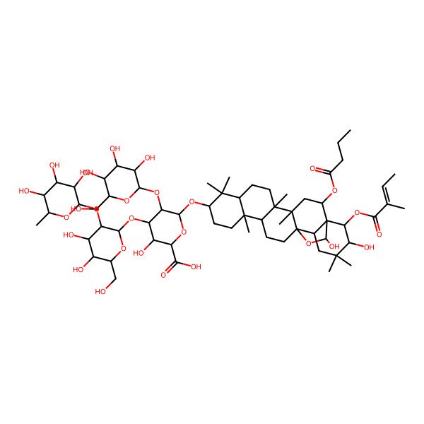 2D Structure of 6-[[2-Butanoyloxy-21,23-dihydroxy-4,5,9,9,13,20,20-heptamethyl-22-(2-methylbut-2-enoyloxy)-24-oxahexacyclo[15.5.2.01,18.04,17.05,14.08,13]tetracosan-10-yl]oxy]-4-[4,5-dihydroxy-6-(hydroxymethyl)-3-(3,4,5-trihydroxy-6-methyloxan-2-yl)oxyoxan-2-yl]oxy-3-hydroxy-5-[3,4,5-trihydroxy-6-(hydroxymethyl)oxan-2-yl]oxyoxane-2-carboxylic acid