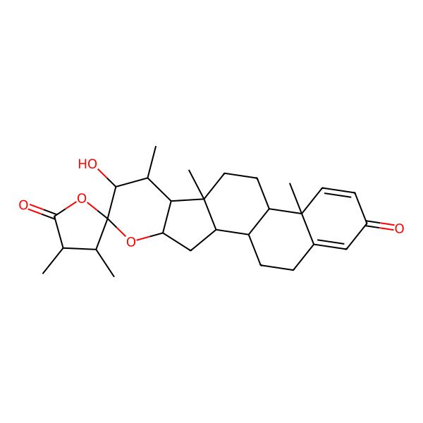 2D Structure of (1S,2S,3'S,4S,4'R,6S,7S,8S,9R,10S,13S,14R)-7-hydroxy-3',4',8,10,14-pentamethylspiro[5-oxapentacyclo[11.8.0.02,10.04,9.014,19]henicosa-15,18-diene-6,5'-oxolane]-2',17-dione