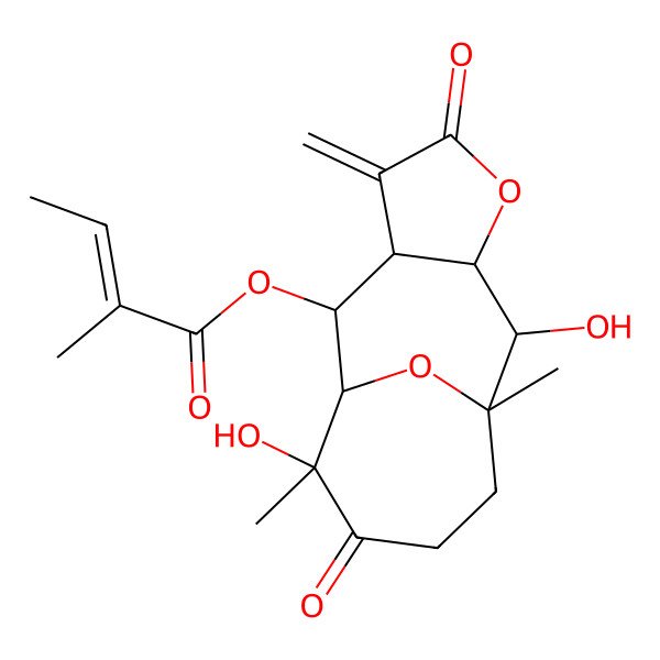 2D Structure of (2,10-Dihydroxy-1,10-dimethyl-6-methylidene-5,11-dioxo-4,14-dioxatricyclo[7.4.1.03,7]tetradecan-8-yl) 2-methylbut-2-enoate