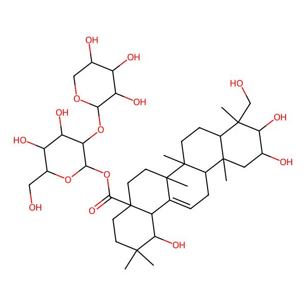 2D Structure of [(2S,3R,4S,5S,6R)-4,5-dihydroxy-6-(hydroxymethyl)-3-[(2S,3R,4S,5R)-3,4,5-trihydroxyoxan-2-yl]oxyoxan-2-yl] (1S,4aR,6aR,6aS,6bR,8aR,9R,10R,11R,12aR,14bS)-1,10,11-trihydroxy-9-(hydroxymethyl)-2,2,6a,6b,9,12a-hexamethyl-1,3,4,5,6,6a,7,8,8a,10,11,12,13,14b-tetradecahydropicene-4a-carboxylate