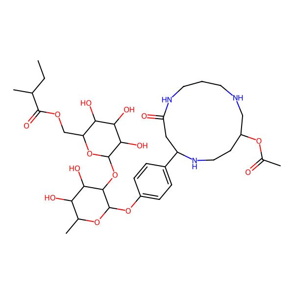 2D Structure of [(2R,3S,4S,5R,6S)-6-[(2S,3R,4R,5R,6S)-2-[4-[(2S,11R)-11-acetyloxy-4-oxo-1,5,9-triazacyclotridec-2-yl]phenoxy]-4,5-dihydroxy-6-methyloxan-3-yl]oxy-3,4,5-trihydroxyoxan-2-yl]methyl (2S)-2-methylbutanoate