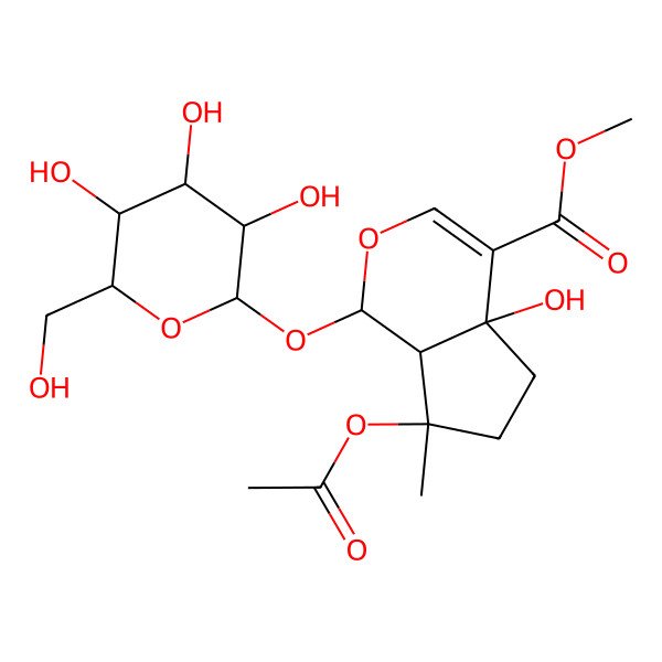2D Structure of methyl (1S,4aR,7S,7aS)-7-acetyloxy-4a-hydroxy-7-methyl-1-[(2R,3S,4S,5S,6R)-3,4,5-trihydroxy-6-(hydroxymethyl)oxan-2-yl]oxy-1,5,6,7a-tetrahydrocyclopenta[c]pyran-4-carboxylate