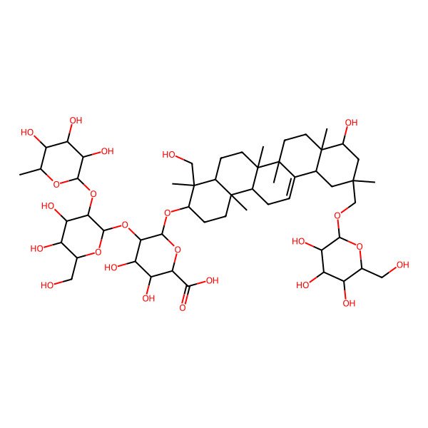 2D Structure of 5-[4,5-Dihydroxy-6-(hydroxymethyl)-3-(3,4,5-trihydroxy-6-methyloxan-2-yl)oxyoxan-2-yl]oxy-3,4-dihydroxy-6-[[9-hydroxy-4-(hydroxymethyl)-4,6a,6b,8a,11,14b-hexamethyl-11-[[3,4,5-trihydroxy-6-(hydroxymethyl)oxan-2-yl]oxymethyl]-1,2,3,4a,5,6,7,8,9,10,12,12a,14,14a-tetradecahydropicen-3-yl]oxy]oxane-2-carboxylic acid