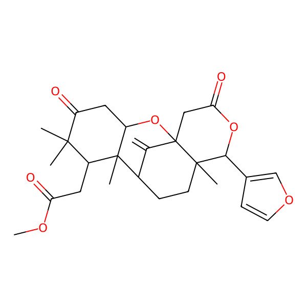 2D Structure of methyl 2-[(1S,3S,7R,8R,9R,12S,13R)-13-(furan-3-yl)-6,6,8,12-tetramethyl-17-methylidene-5,15-dioxo-2,14-dioxatetracyclo[7.7.1.01,12.03,8]heptadecan-7-yl]acetate