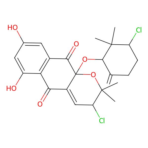 2D Structure of (3R,10aR)-3-chloro-10a-((1R,3S)-3-chloro-2,2-dimethyl-6-methylidenecyclohexyl)oxy-6,8-dihydroxy-2,2-dimethyl-3H-benzo(g)chromene-5,10-dione