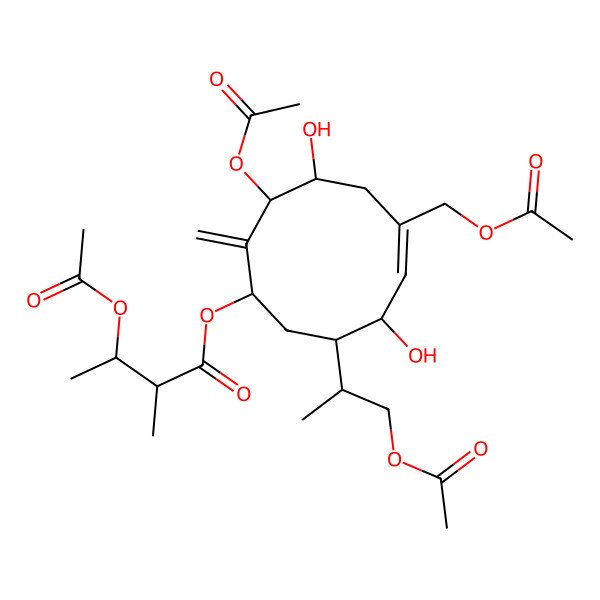 2D Structure of [(1R,3S,4S,5Z,8S,9S)-9-acetyloxy-6-(acetyloxymethyl)-3-[(2S)-1-acetyloxypropan-2-yl]-4,8-dihydroxy-10-methylidenecyclodec-5-en-1-yl] (2R,3S)-3-acetyloxy-2-methylbutanoate