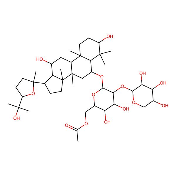 2D Structure of [(2R,3S,4S,5R,6R)-6-[[(3S,5S,6S,8R,9R,10R,12R,13S,14R,17S)-3,12-dihydroxy-17-[(2S,5S)-5-(2-hydroxypropan-2-yl)-2-methyloxolan-2-yl]-4,4,8,10,14-pentamethyl-2,3,5,6,7,9,11,12,13,15,16,17-dodecahydro-1H-cyclopenta[a]phenanthren-6-yl]oxy]-3,4-dihydroxy-5-[(2S,3R,4S,5R)-3,4,5-trihydroxyoxan-2-yl]oxyoxan-2-yl]methyl acetate
