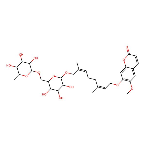 2D Structure of 7-[3,7-Dimethyl-8-[3,4,5-trihydroxy-6-[(3,4,5-trihydroxy-6-methyloxan-2-yl)oxymethyl]oxan-2-yl]oxyocta-2,6-dienoxy]-6-methoxychromen-2-one